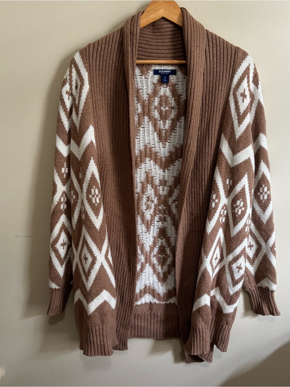 Old Navy Brown Cream Geometric Open Front Oversized Cardigan Sweater S